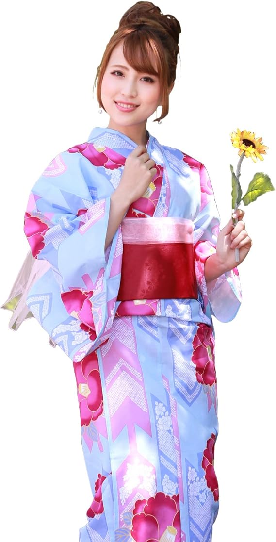 Amazon Zu 150cm 水色地に矢絣と椿 プチサイズ浴衣 ときめきジュニア恋浴衣３点セット 浴衣 通販