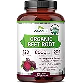 Zazzee USDA Organic Beet Root 8000 mg Strength 20:1 Extract, 120 Vegan Quick Release Capsules, Kosher, Supports Nitric Oxide Production, Black Pepper Extract for Enhanced Absorption, Made in The USA