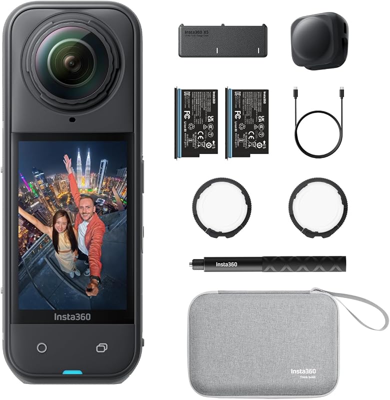 X5 Essential Pack - Câmara à prova de água 8K 360º, líder com pouca luz, efeito de bastão de selfie invisível, objetiva rígida e substituivel, bateria de 3 mãos, resistente ao vento incorporada, estabilização