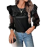 WDIRARA Women's Faux Leather Sheer Puff Long Sleeve Slim Top PU Crew Neck Blouse