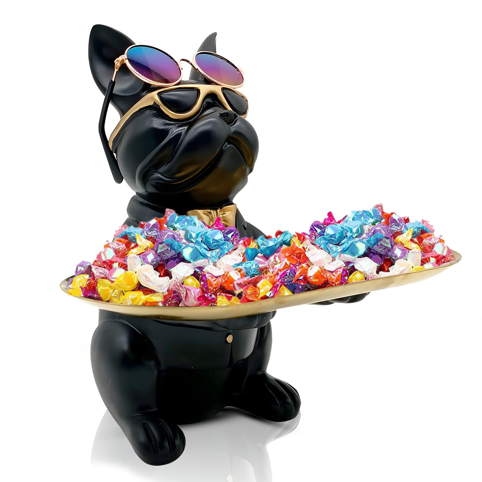 French Bulldog Statue,Resin Bulldog Decor with Tray, Candy Dish Key Holder Bowl Storage Ornament Sculpture for Home Decor,Accessories for Office Desk Figurines Entryway Table Decor (Sitting,Black)