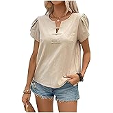 OYOANGLE Women's Petal Short Sleeve Notched V Neck Blouse Button Up Summer Dressy Top
