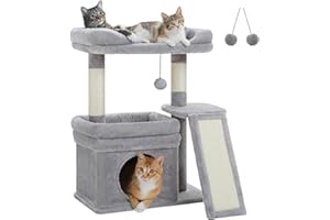 PEQULTI Small Cat Tree Tower for Large Adult Cats with Wide Top Perch, Private Cat Condo and Sisal Scratching Post&Pad for Indoor Cats, Gray