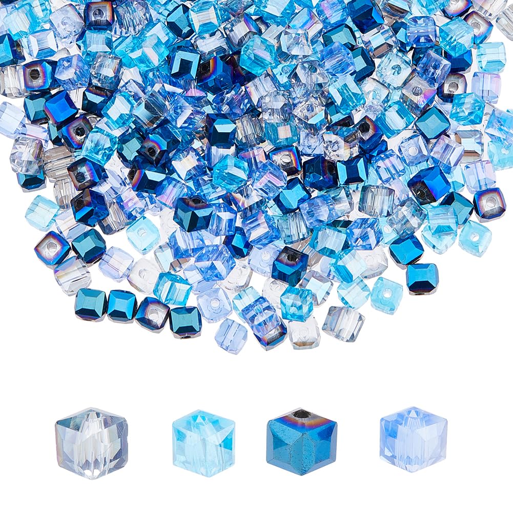DICOSMETIC 400Pcs 4 Colors 4mm Square Glass Cube Crystal Beads for Jewelry Making, Hole: 1mm