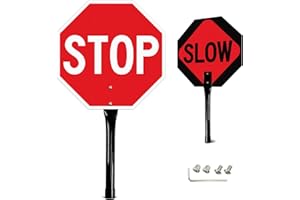 GicnKeuz Stop Slow Sign with Metal Handle, 13x13 inches Double Sided Slow/Stop sign, Traffic Reflective Aluminum Sign, Fade Resistant/Waterproof, Easy to Mount (1 Pack)