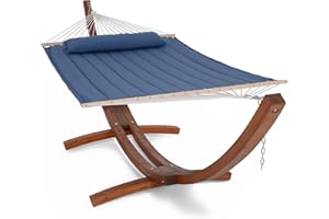 SUNCREAT Hammocks Double Hammock with 14 ft Wooden Stand Included, Outdoor Hammocks for Outside, 475 lbs Capacity, Blue