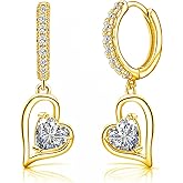 Sterling Silver Heart Dangle Hoop Earrings for Women 14K Gold Cubic Zirconia Heart Dangle Drop Earrings Hypoallergenic Birthstone Jewelry Dangling Earrings for Daughter Wife Birthday Christmas
