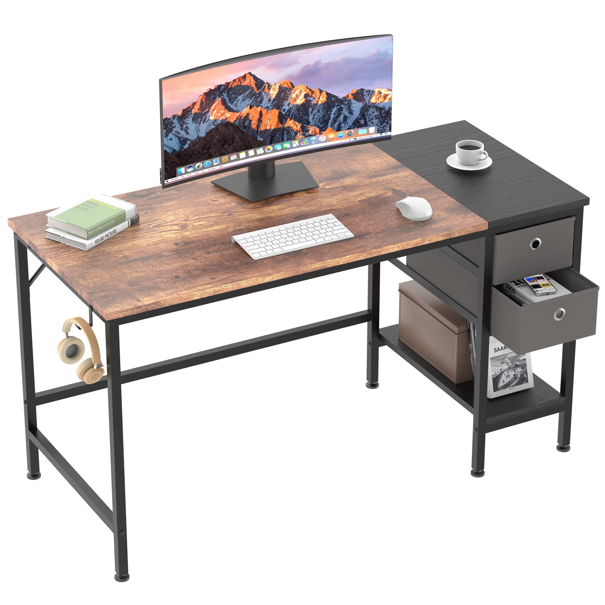 HOMIDEC 120 cm Computer Desk with 2 Drawers, Office Work Writing Desk with Headphone Hook for Student and Worker, Laptop Table with Shelves, Modern Style Desks for Home Office(120x50x75cm)