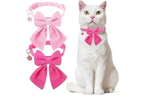 DILLYBUD Cat Collar Breakaway with Bells, Soft Pure Cotton Pink Cat Bowtie Collar for Girl Cats, Small Cats Collar with Bow for Spring Summer, 2 Pack Cute Kitten Collars with Removable Bowtie 8-12Inch