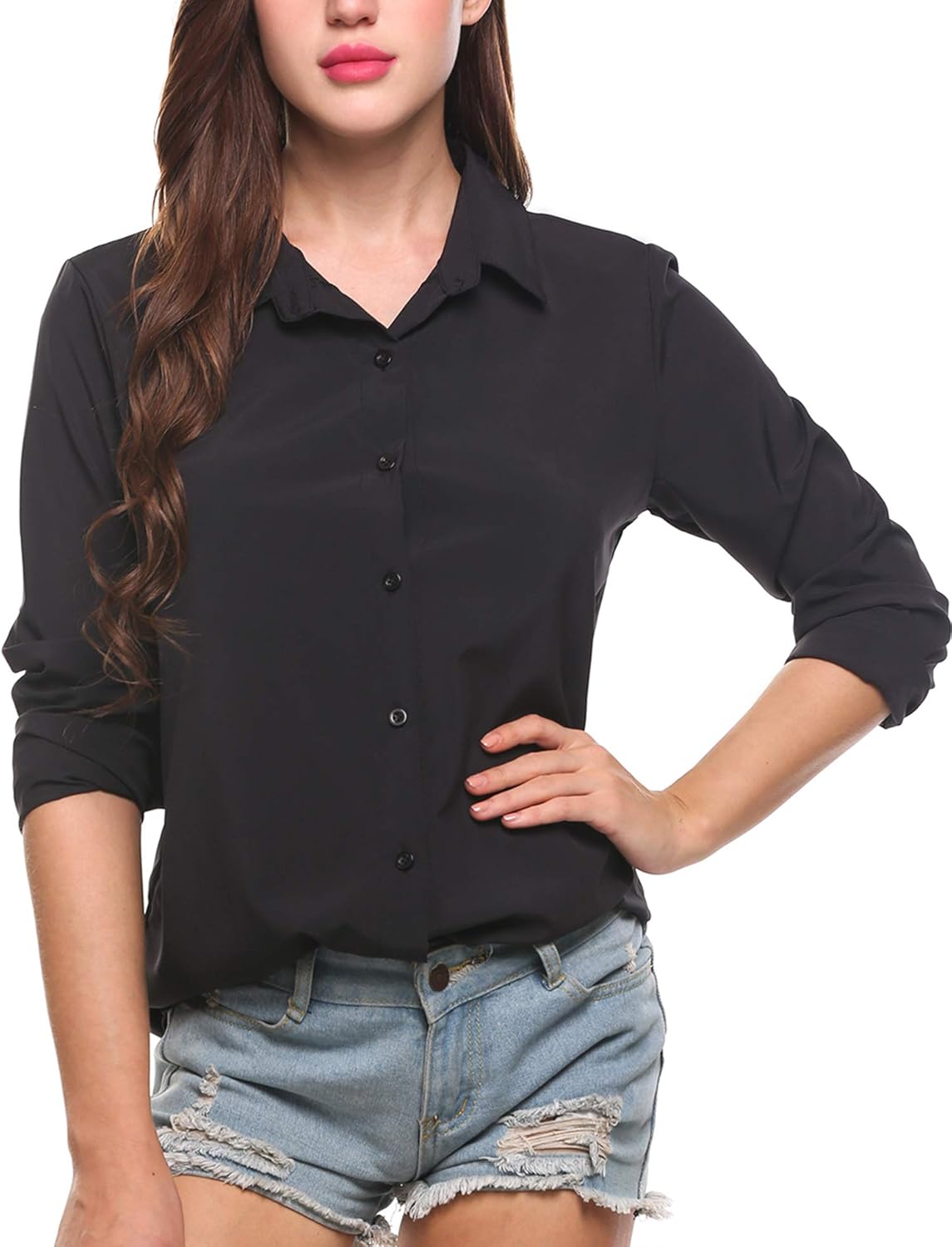 Zeagoo Women's Button Down Shirt Long Sleeve Collared Tops Chiffon Blouse for Women: Clothing