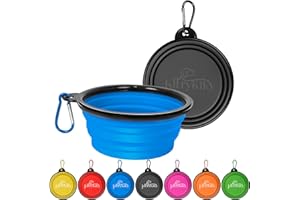 KIRRYKIKY Collapsible Dog Bowls, 2 Pack 11oz Portable Travel Dog Bowls, Foldable Water Bowl for Dogs Cats, Pet Feeding Watering Dish with Carabiner, Food Grade Silicone BPA Free(Blue+Black, Small)