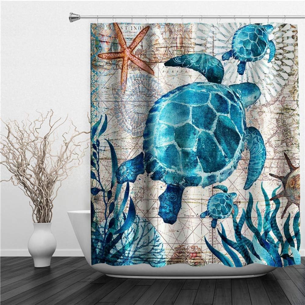 SUHETI Cortinas Ducha，Náutico Azul Tortugas Marinas Playa Tema Océano