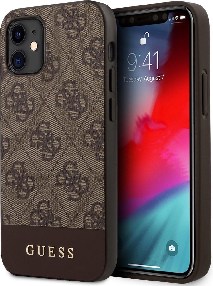 GUESS - PC/TPU 4G Pu Case With Bottom Stripe Metal Logo - Brown iPhone 12