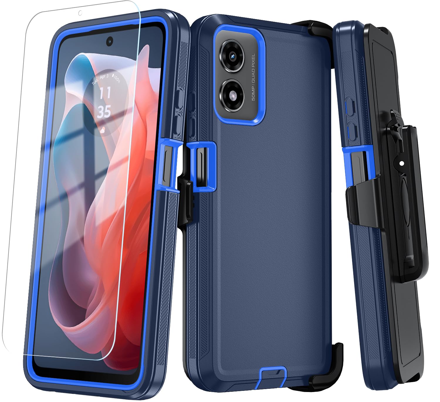 Qinmay Phone Case for Motorola Moto G 5G 2024 Case with HD Screen Protector, Shockproof 3-Layer Cover for Moto G 5G 2024,BeltClip_DarkBlue