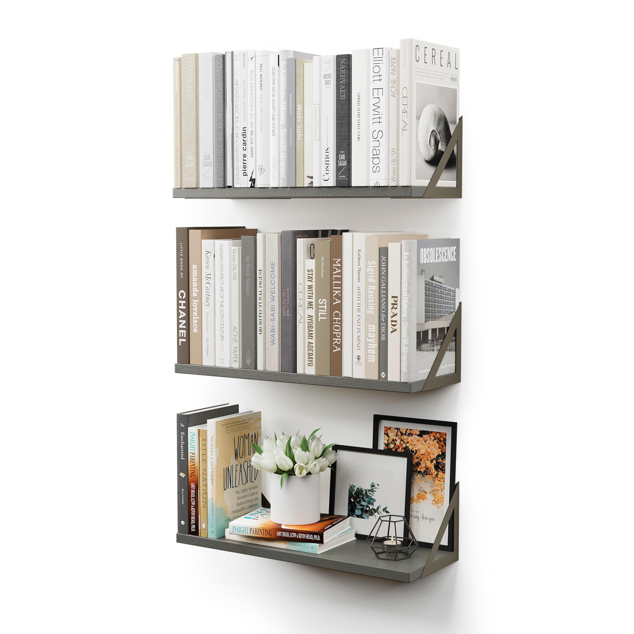 CASSA TOKO Wall Mounted Floating Book Shelves for Wall Set of 3, Shelf Bookshelf for Bedroom Living Room Office Bathroom Kitchen Rustic Wood with Metal Bracket (Grey)