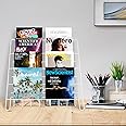 NEESEEYEE Wire Magazine Rack with 4 Open Tiers, Holds Both Magazines and Brochures, Includes Sign Channel at the Front - White Wire