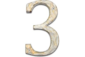 BETLIGHT 5.5 Inch High Home Address House Numbers- Unique Cast Iron Metal Mailbox Number/Letters for Outside or Front Door, Handmade Gold & White Finish (Number 3)