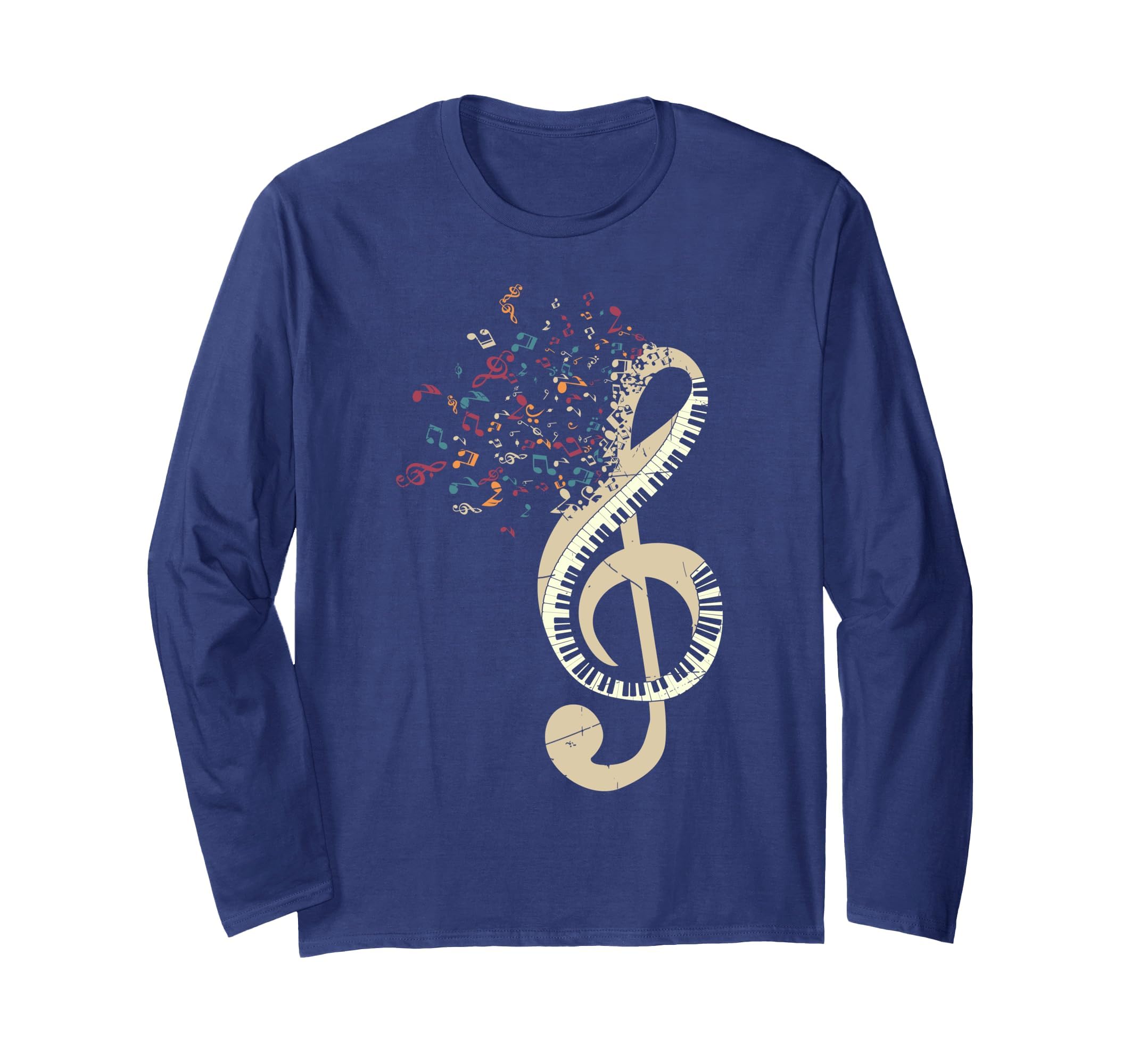 Pianist Classical Instrument Treble Clef Keyboard Piano Long Sleeve T-Shirt, Adult Unisex, Navy Blue, Large