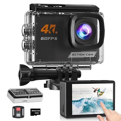 Yolansin 4K60FPS Action Camera Touchscreen, 40M Waterproof Underwater Camera with 64G SD Card, 6-Axis Stabilization Motorcycle Camera 8X Zoom with 2.4G Remote Control 2 * 1350 mAh Batteries