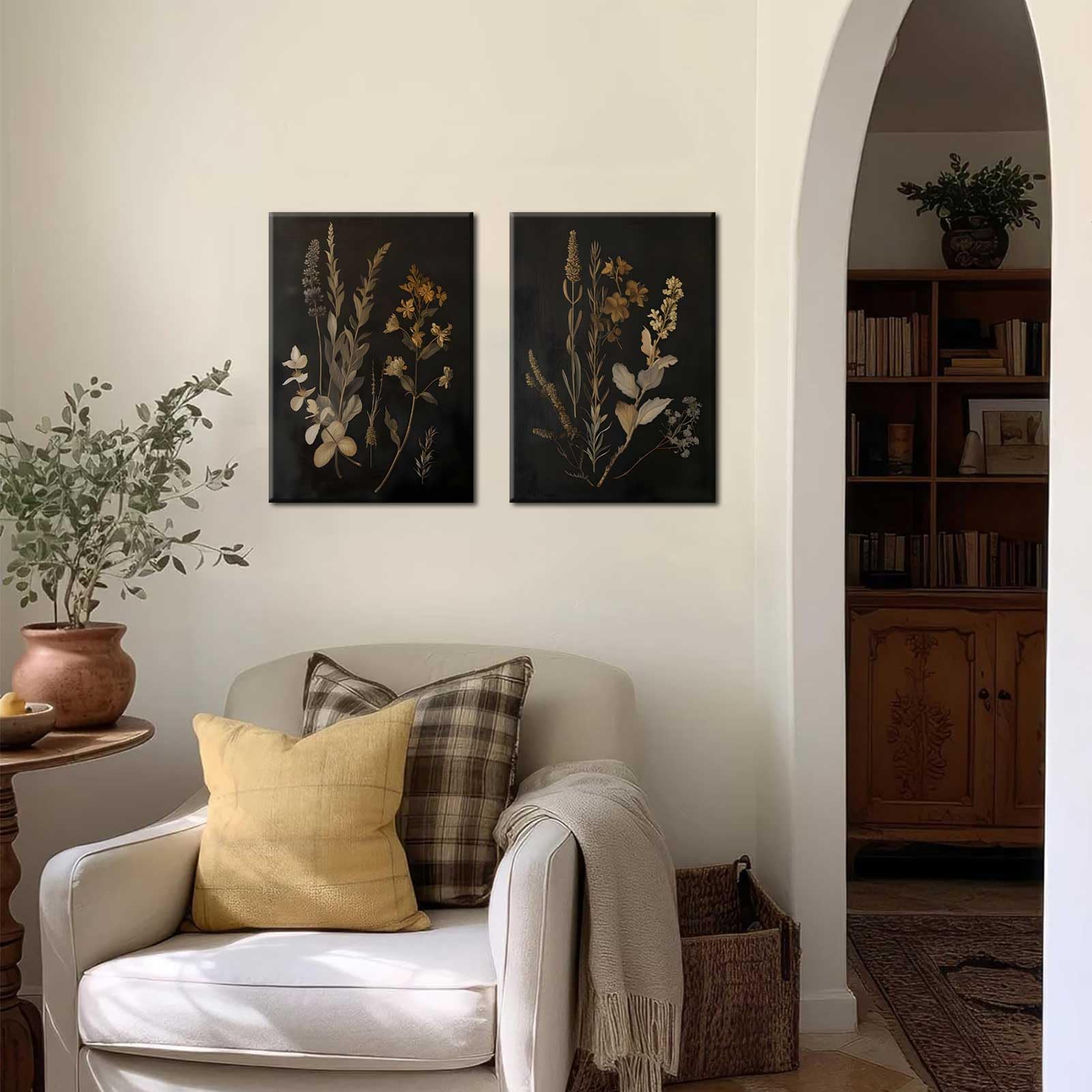 Condition photo showing New/Like New for 2pcs dark botanical canvas wall art vintage floral wall decor pictures dark academia moody flowers a