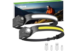 Lepro LED Headlamp Rechargeable - Super Bright Motion Sensor Head lamp with 1200 mAh Battery, 230°COB Wide Beam & Adjustable Spotlight, IP44 Waterproof Headlight for Camping, Hiking, Running, 2 Pack