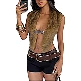 MakeMeChic Women's Fur Tank Tops Buckle Open Back Sleeveless Rave Outfits Winter Clothing