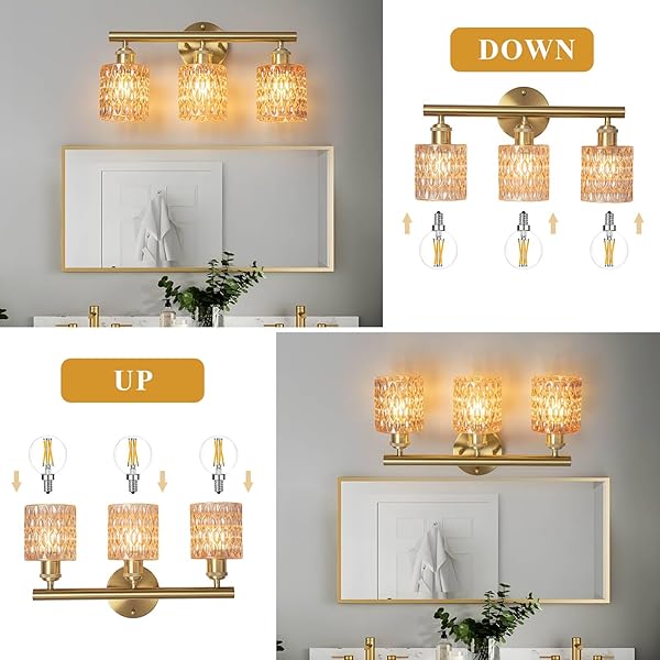 LAPMUNG BATHROOM VANITY LIGHT, GOLD WALL FIXTURE OVER MIRROR, GREEN GLASS SHADE LIGHTING WITH BULBS INCLUDED FOR BEDROOM & LIVING ROOM,2-LIGHTS