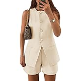 ZESICA Women's 2026 Summer 2 Piece Short Sets Sleeveless Crew Neck Suit Vest Tops High Waist Shorts Business Outfits