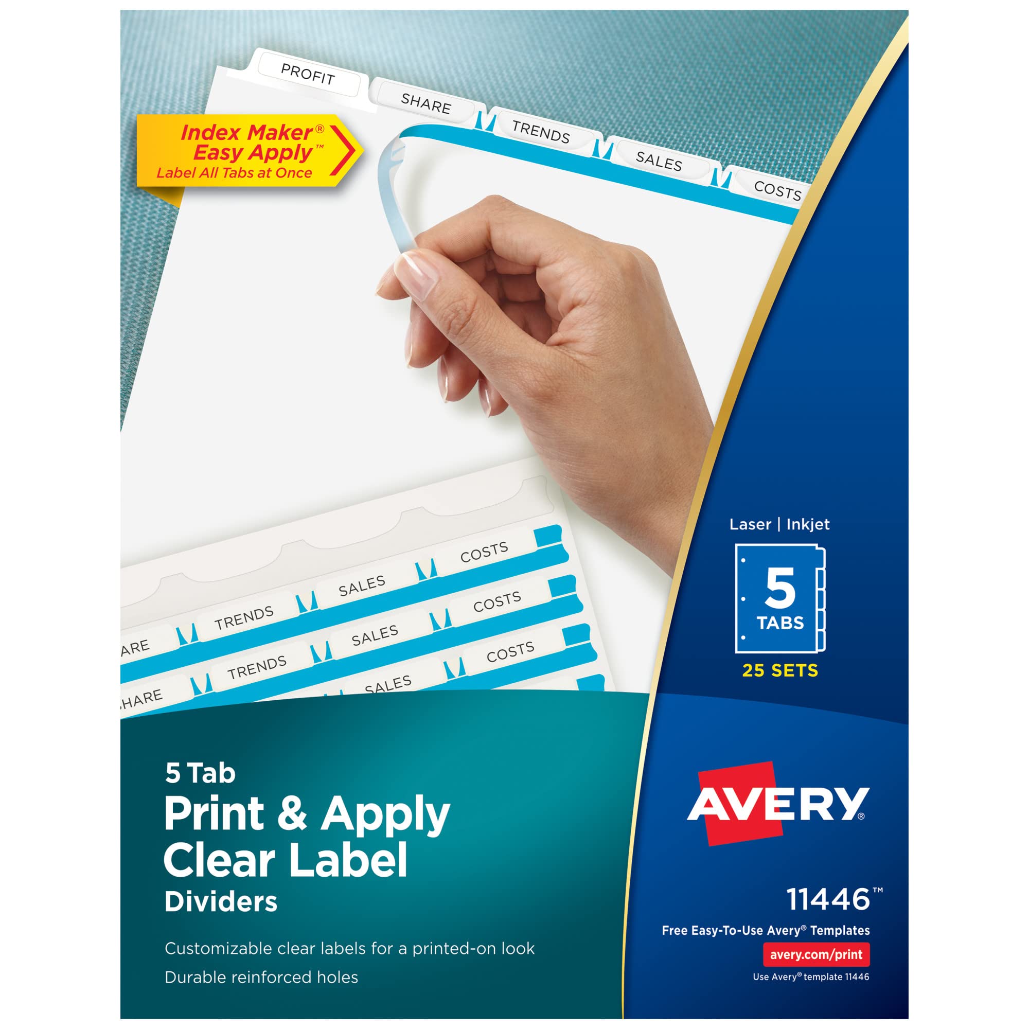 Avery 5 Tab Dividers for 3 Ring Binder, Easy Print & Apply Clear Label Strip, Index Maker Customizable White Tabs, 25 Sets (11446) — image 1