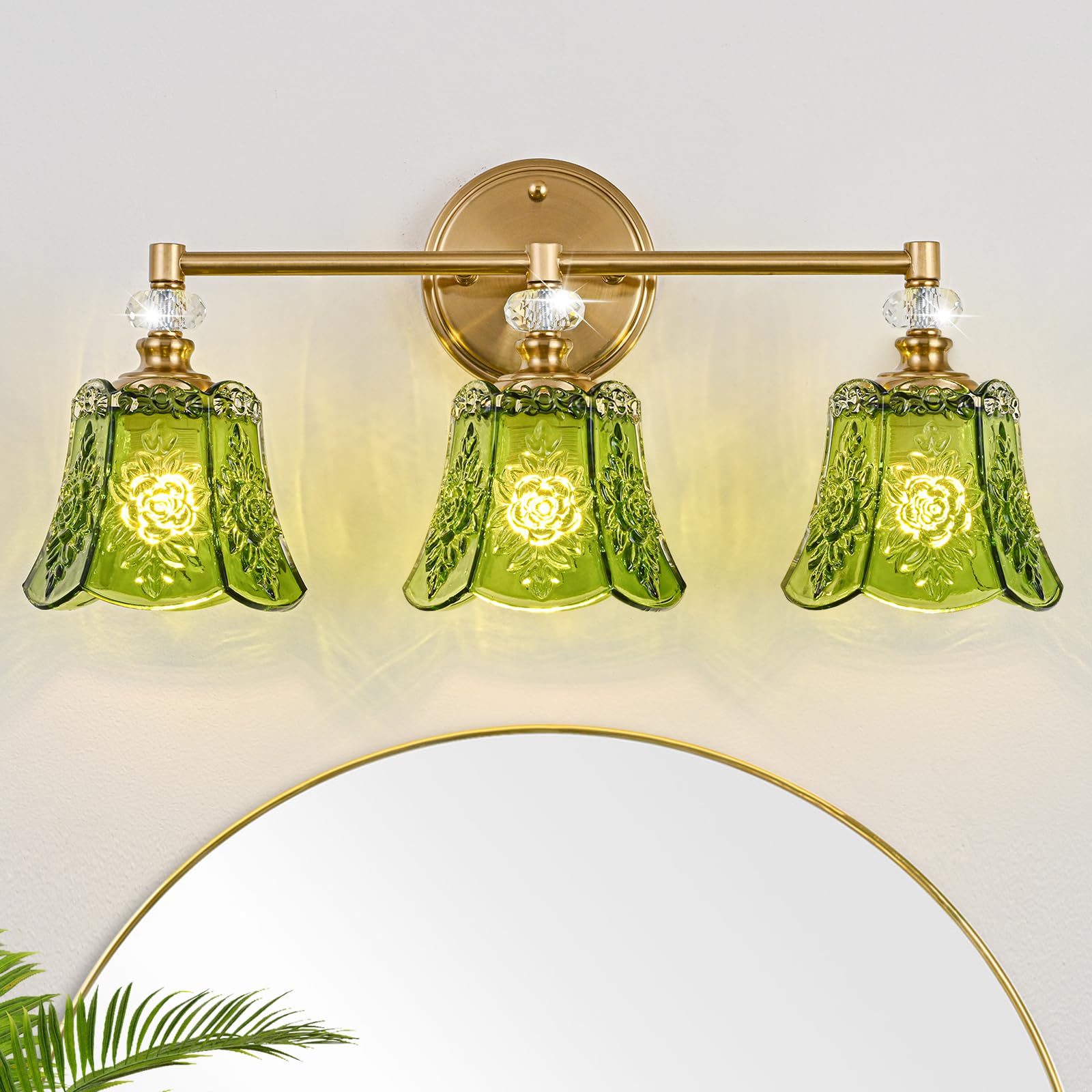 Photo 1 of sunkryster Vintage Gold Bathroom Vanity Light Fixture, 3-Light with Rose Pattern Green Glass Shade, Retro Brushed Gold Finish