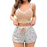 Girece Sexy Pajama Set for Women 2 Piece lounge Set Floral Cami and Shorts Lingerie Set Cute Pjs Lace Trim Sleepwear