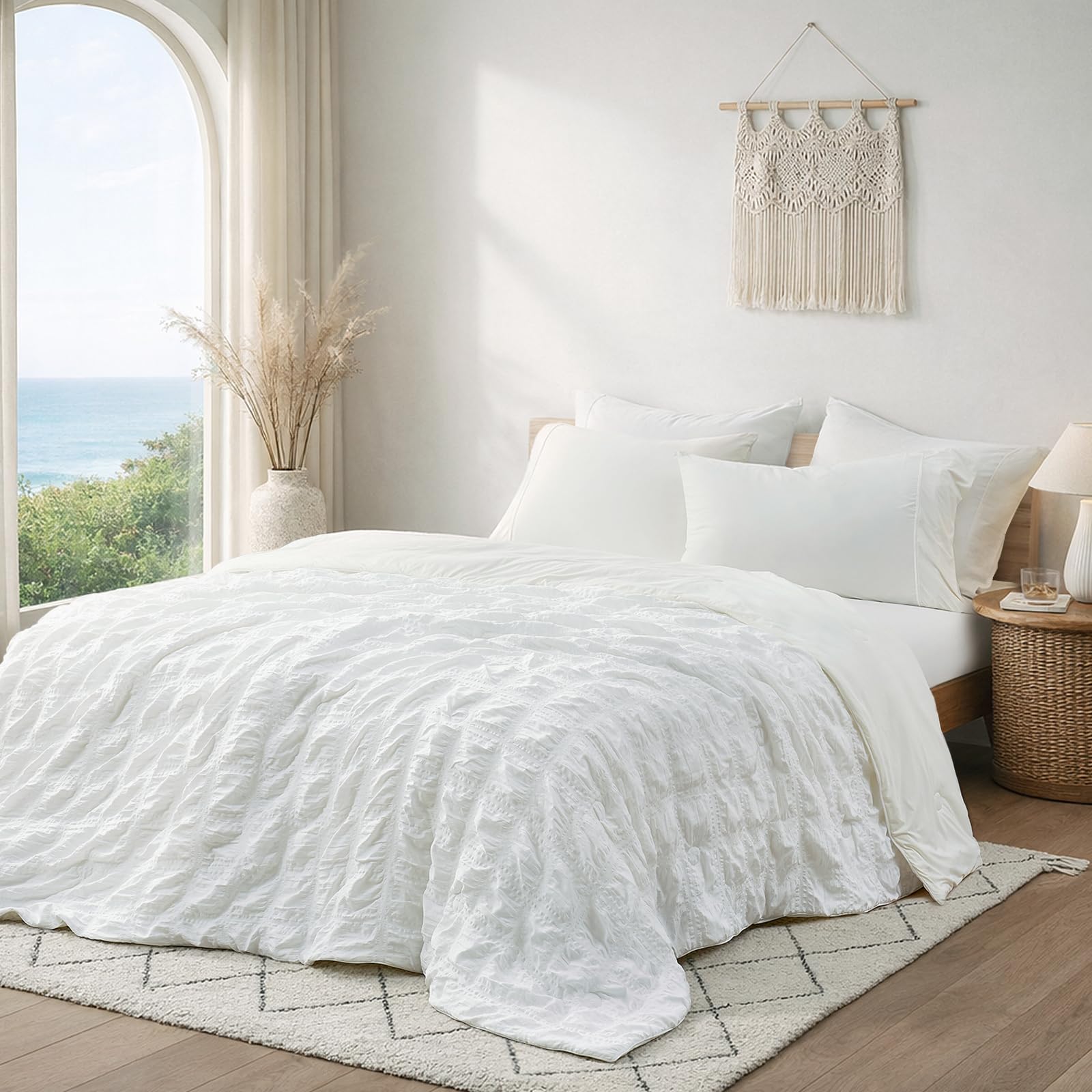 Cozy Bliss Cooling Comforter Seersucker Plaid Full Size, Q-Max 0.45 Lightweight Cooling Blanket, Breathable Silk Smooth Summer Bedding Quilt for Hot Sleepers Night Sweats White Image