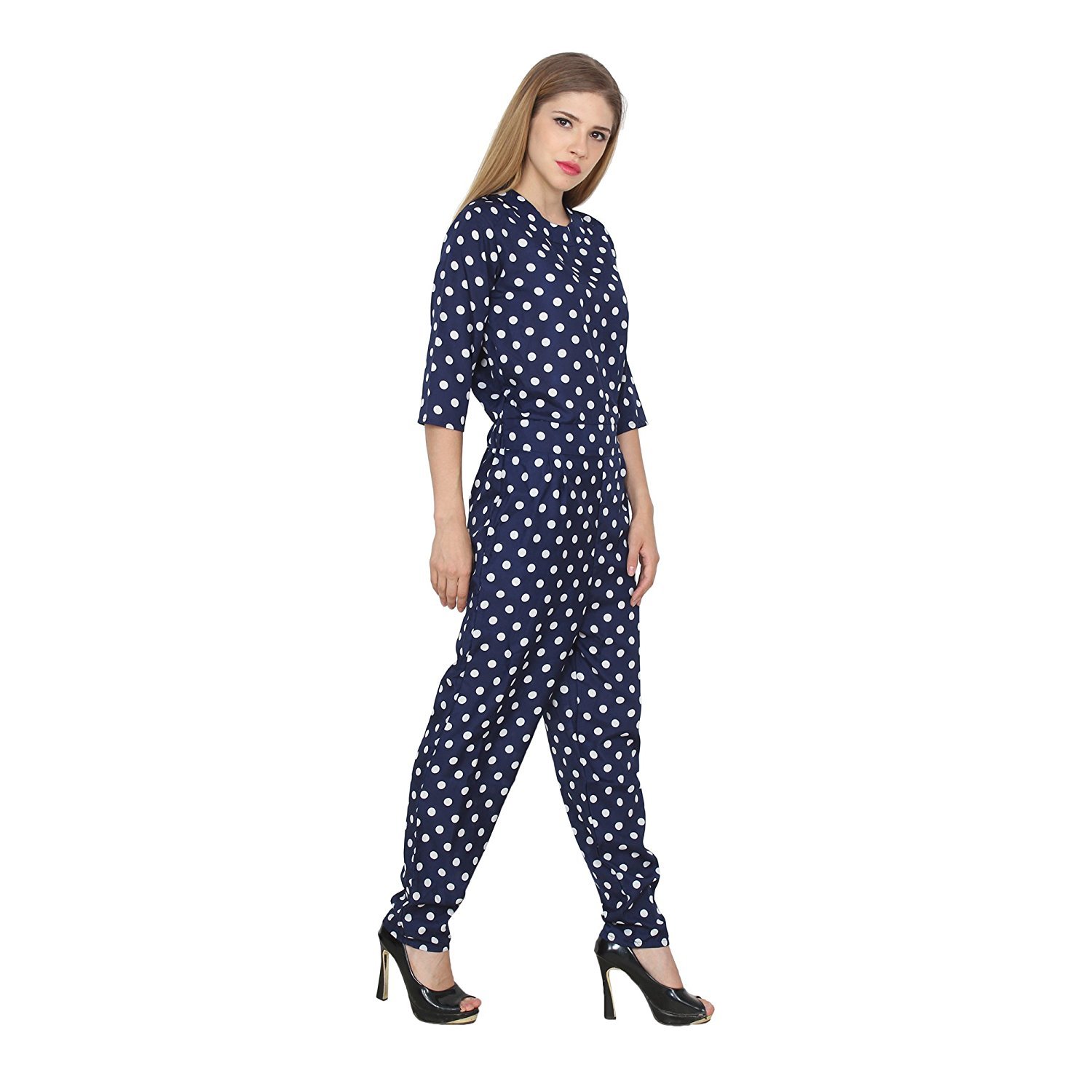 my swag women's brought polka dot print 3/4 sleeve jumpsuit