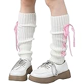 Teaaha Leg Warmers with Bows, 80s White Leg Warmer Socks, Rib Knit Boot Socks Y2K Style Cute Cream Legs Warmers for Women, Girls