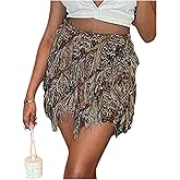 MakeMeChic Women's Boho Mini Skirt Fringe Fuzzy Print Bodycon Short Cowgirl Skirts