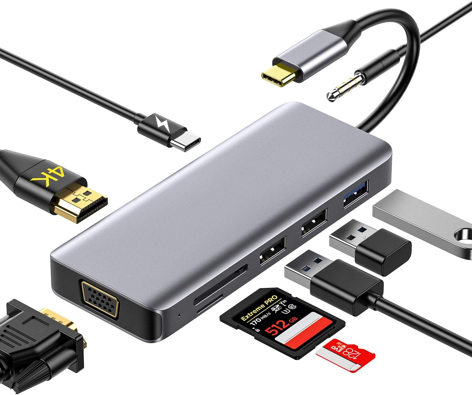 USB C to HDMI VGA Adapter,GIKERSY 9 in 1 USB Type C Hub (Thunderbolt 3 Compatible) for MacBook Pro/Air with 4K HDMI,1080P VGA,USB 3.0,2 USB2.0,USB C Charging,SD/TF Card Reader,3.5mm Audio