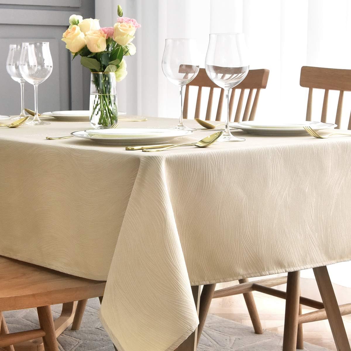 maxmill Square Table Cloth Swirl Pattern Spillproof Wrinkle Resistant Oil Proof Heavy Weight Soft Tablecloth for Kitchen Dinning Tabletop Outdoor Picnic Square 52 x 52 Inch Beige: Home & Kitchen