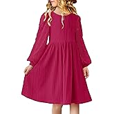 Girls Fall Lantern Sleeve Swiss Dot Crew Neck A-line Casual Swing Knit Dress with Pockets for 6-12 Years