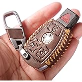 HOUTIAN Vintage Leather Key Fob Cover with Metal Keychain, Compatible with Mercedes-Benz Smart Key, 3/4-Button Remote for C/E/S-Class, GLA/GLC/GLE/GLS, CLA/CLS, SLK/SLC, GLK/ML/R/V (2006–2019)