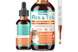 CARMELIE Flea and Tick Support for Cats, Natural Cat Flea Liquid Drops, Flea & Tick Supplement with Vitamins & Fish Oil for Cats - All Breeds, Kittens to Senior Cat - Chicken Flavor