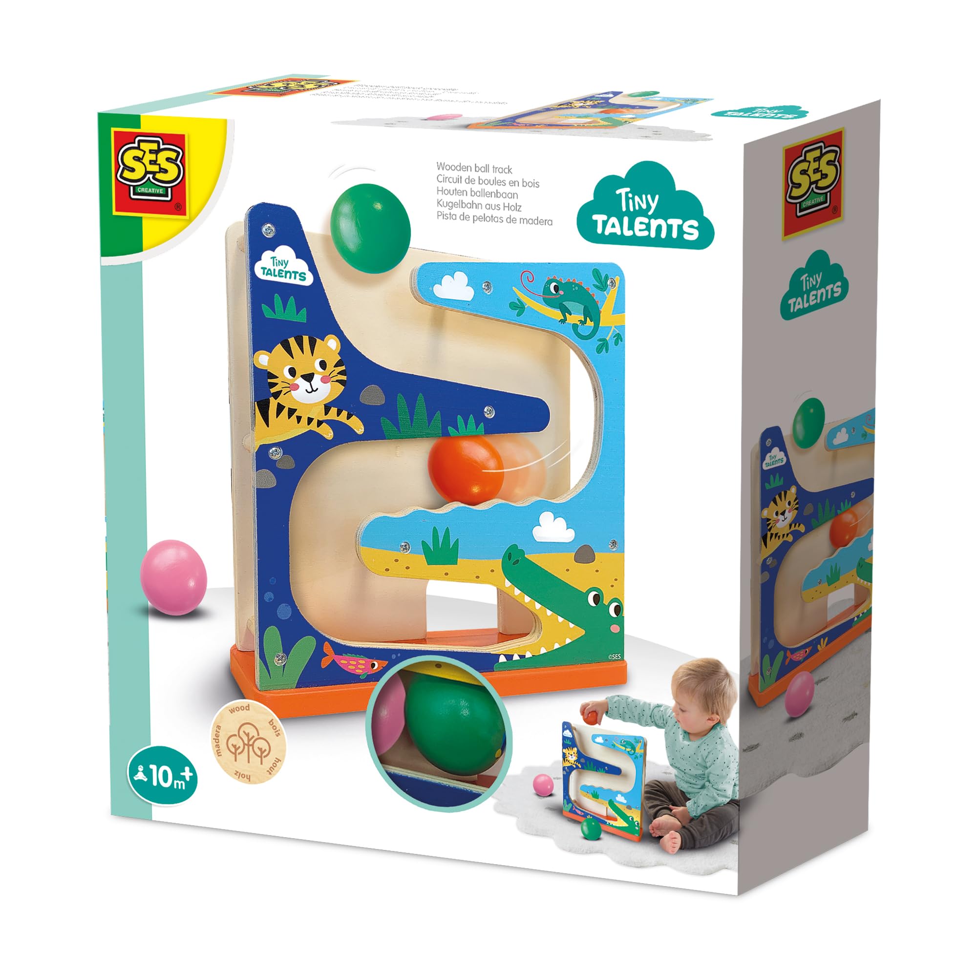 SES Creative 13144 Wooden ball track crocodile - Beautiful wooden ball course; Robust; Printed ball course with crocodile; Develops insight into cause and effect; Age 6m+