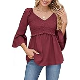 Womens Ruffle 3/4 Sleeve Babydoll Tops V Neck Peplum Blouse Smocked Loose Fit Tunic Top Bell Sleeve Dressy Tee Shirts