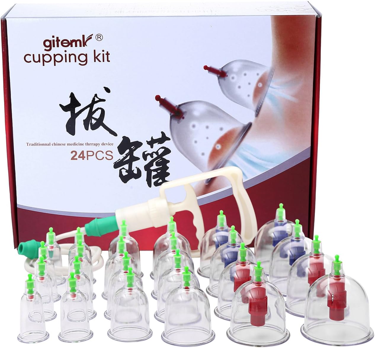 Chinese Cupping Therapy Set,24-Cup Plastic Vacuum Cupping Massage Kit,Magnetic Treatments with Pumping Handle, English Manual for Medical Cupping Massage