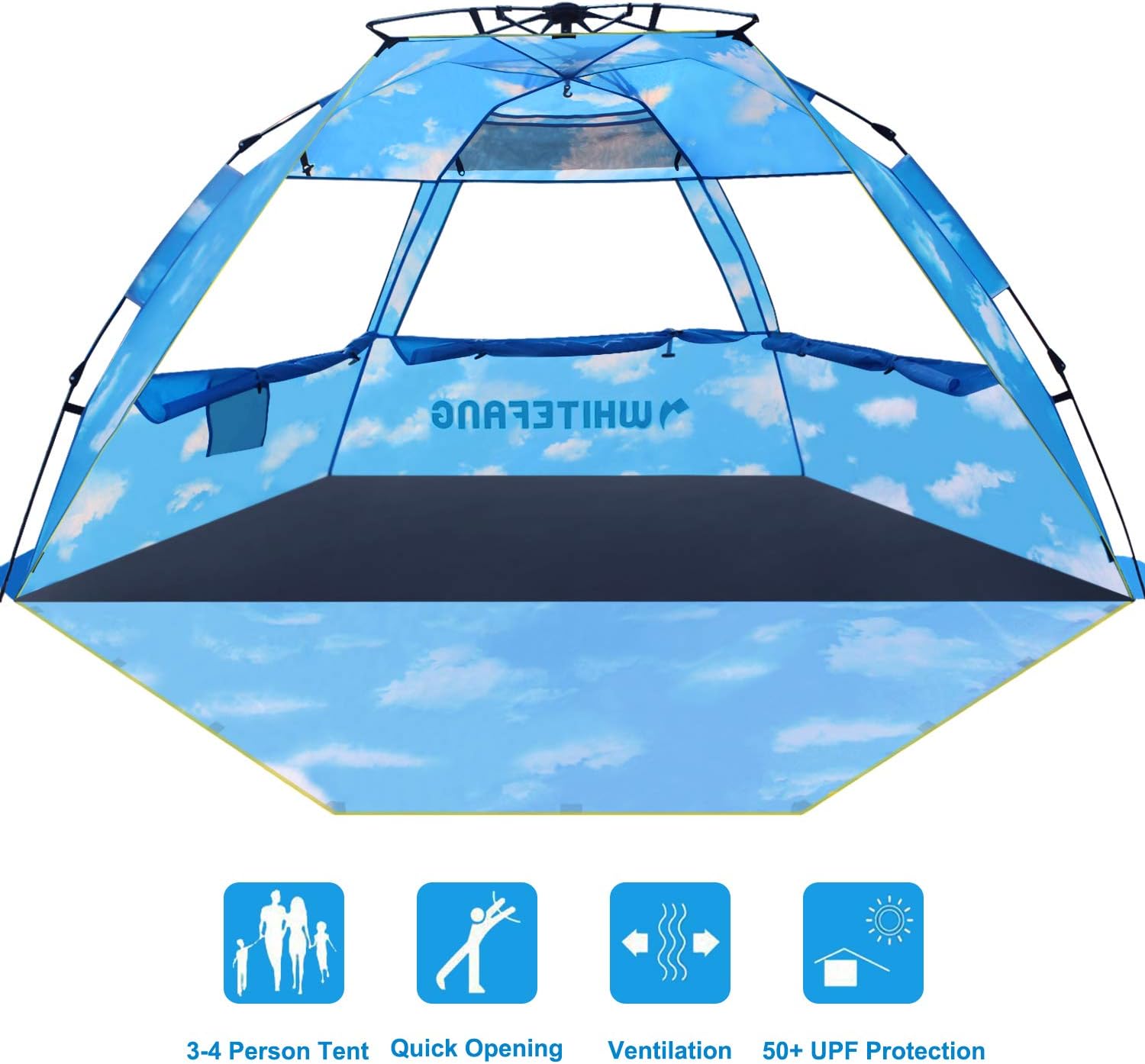 WhiteFang Beach Tent, Pop Up Instant Family Tent with UPF 50 Sun Protection,3-4 Person Automatic & Windproof Sun Shelter Cabana with Carrying Bag, Stakes,Sandbag for Beach