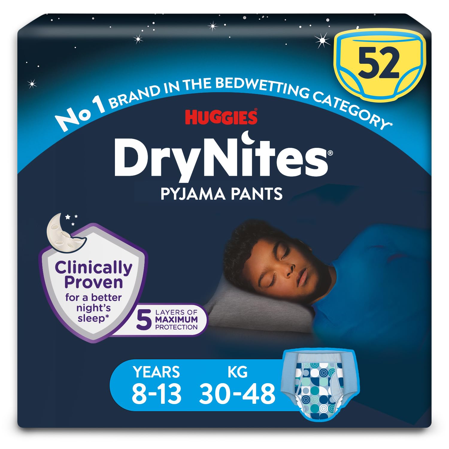 HUGGIES DryNites, Pyjama Pants, Boys 8-13 Years (30-48KG), 52 x Bedwetting Pants, Up to 100% Leak Free Nights