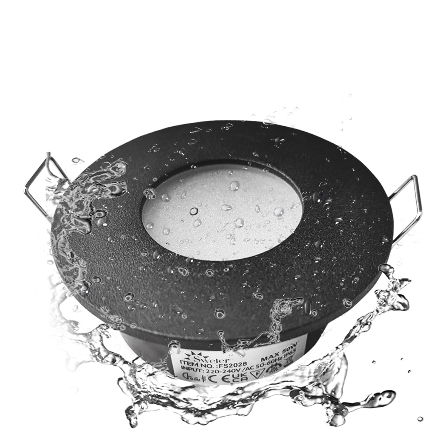 Sweier Waterproof Downlight Black GU10, IP65 LED Bathroom Spotlights, Bulb not Included, Round Recessed Downlights for Shower Ceiling, Cutout 68mm/2.68in, 1 Pack