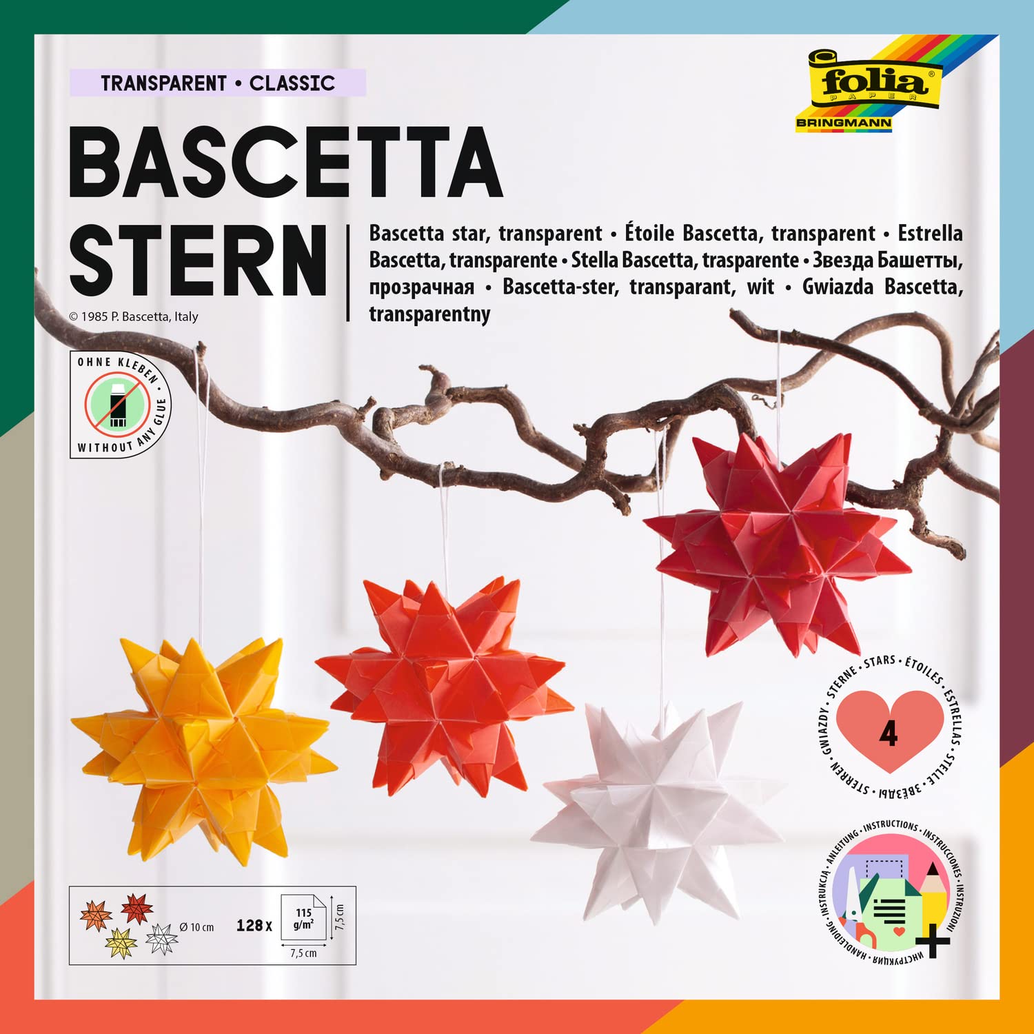 Craft Set Bascetta Stars Made of tracing Paper, 4 Stars in White, Yellow, red, Orange, 7.5 x 7.5 cm, 4 x 32 Sheets, Finished Size of The Paper Stars Approx. 10cm with Instructions for Decoration.
