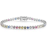 Gemsme 3.0mm Colorful Tennis Link Bracelet, 18K White/Yellow Gold Plated Bezel-Set 3MM Cubic Zirconia Rainbow Tennis Bracelet for Women 6-8.5 Inches