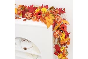 ZIFTY Fall Garland for Mantle Decor 5ft Maple Leaf Garland Thanksgiving Halloween Decorations Hanging Vine Pumpkin Decor for Farmhouse, Fireplace, Front Door, Indoor Home Frame Doorway Backdrop Decor