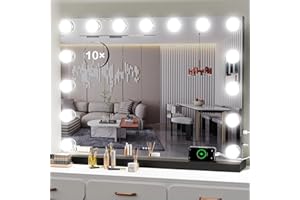 DEXHOM Vanity Mirror with Makeup Lights,22.8"x18.2" Tabletop Mirror with USB & Type-C Charing, Large Hollywood Light up Mirrors w/ 15 LED Bulbs for Bedroom Tabletop & Wall Mounted (Black)